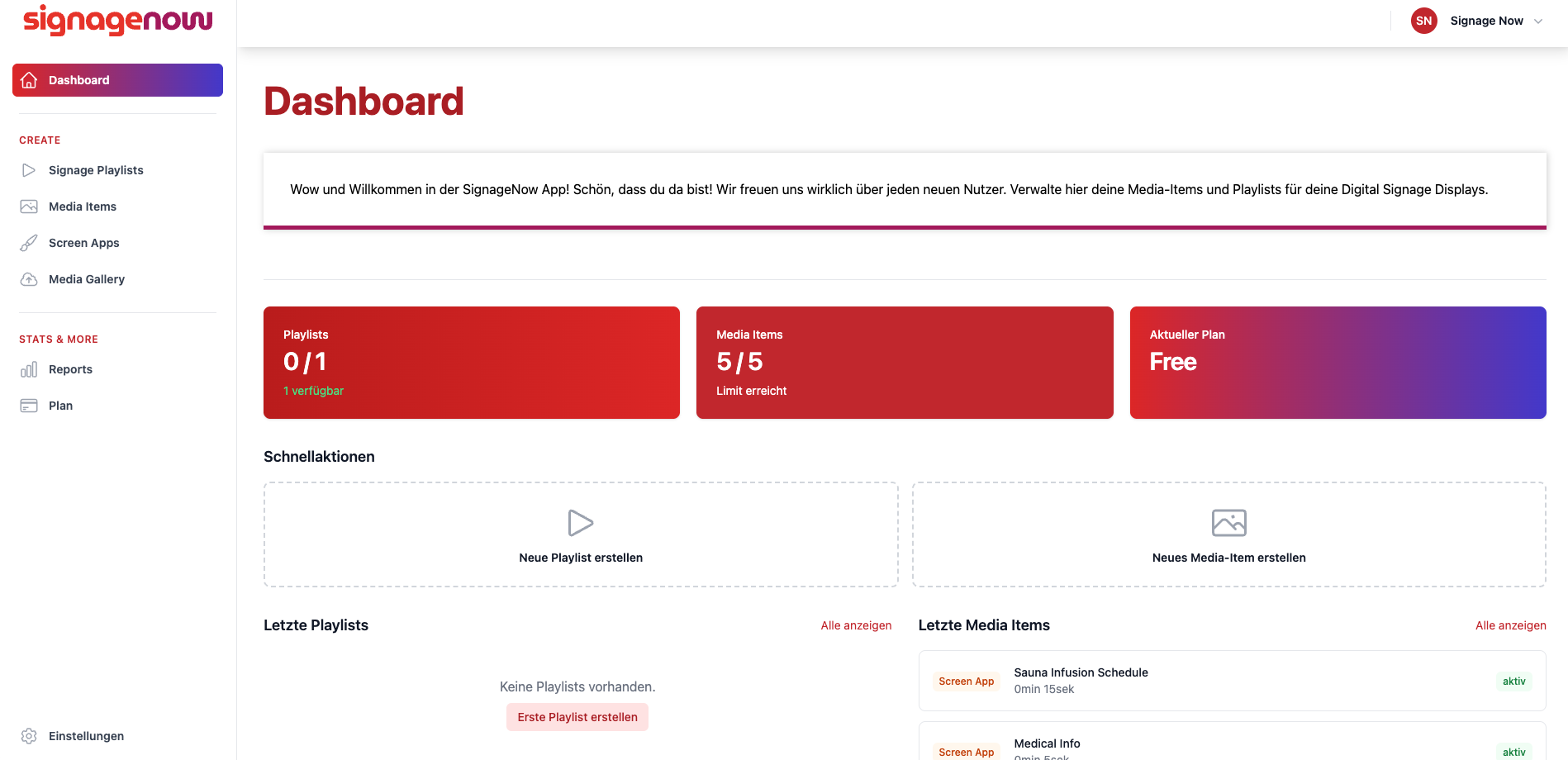 Dashboard der kostenlosen Digital Signage Cloud Software SignageNow aus Deutschland