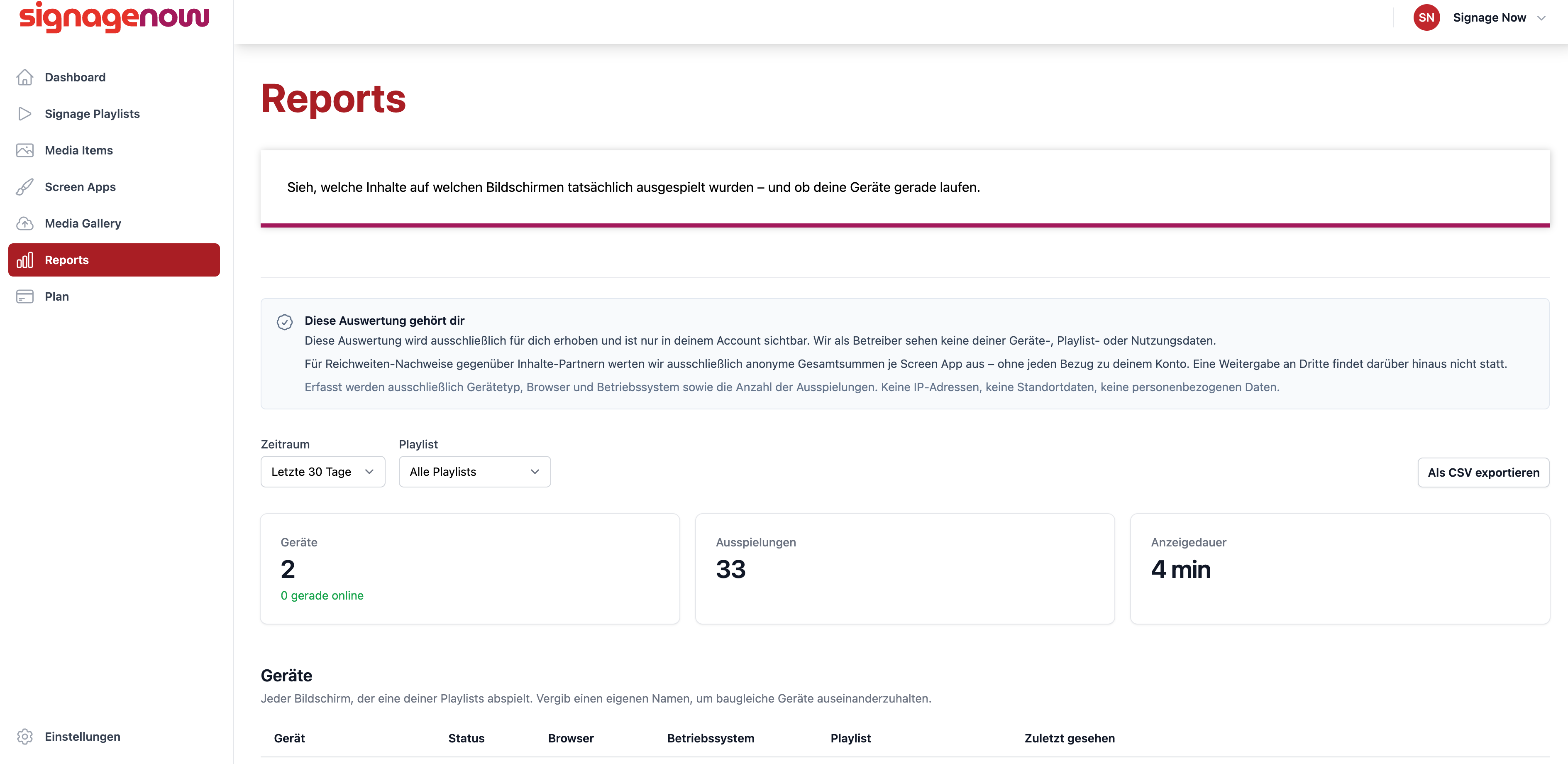 Analyse und Reporting von Bildschirmwerbung Inhalten in SignageNow