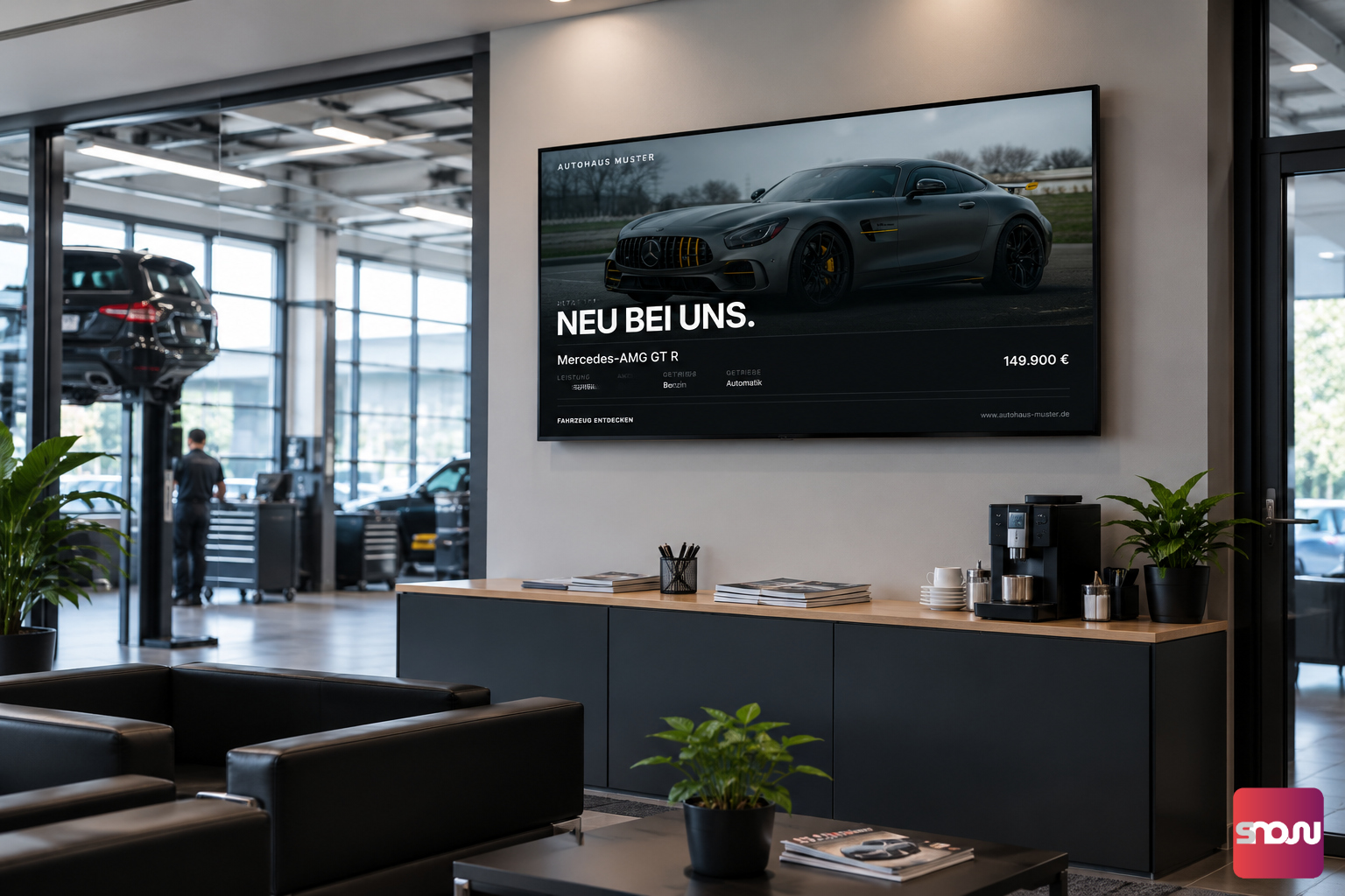 Info- und Werbedisplays im Wartebereich und Servicebereich eines Autohauses nutzen mit SignageNow