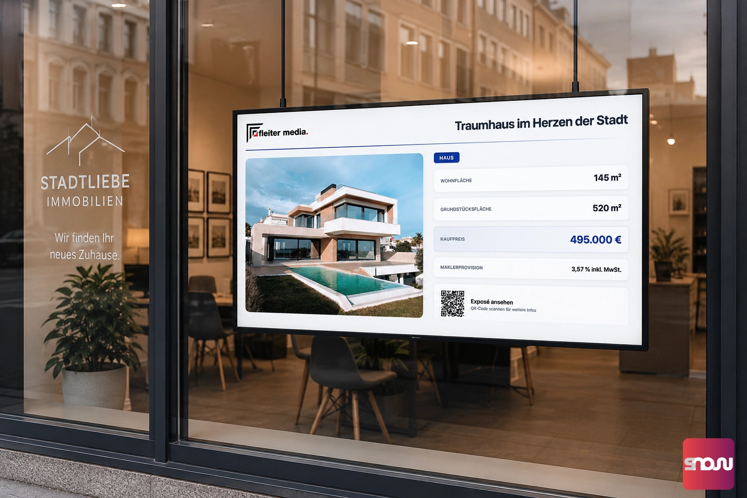 Digitale Schaufensterwerbung im Immobilienbüro mit Vorlagen von SignageNow