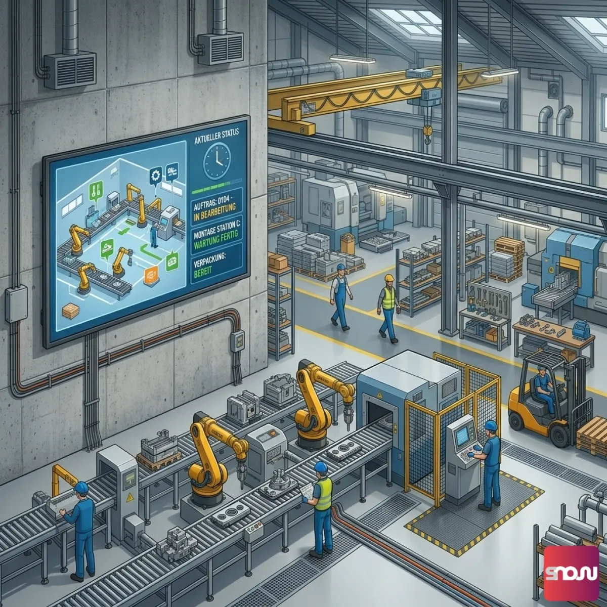 Mitarbeiter-TV in der Produktionshalle mit SignageNow