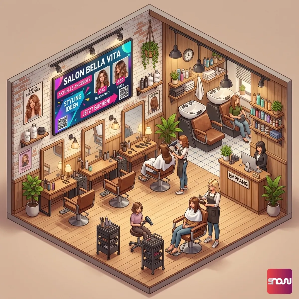 Ein Digital Signage Bildschirm in einem Friseur Salon mit SignageNow
