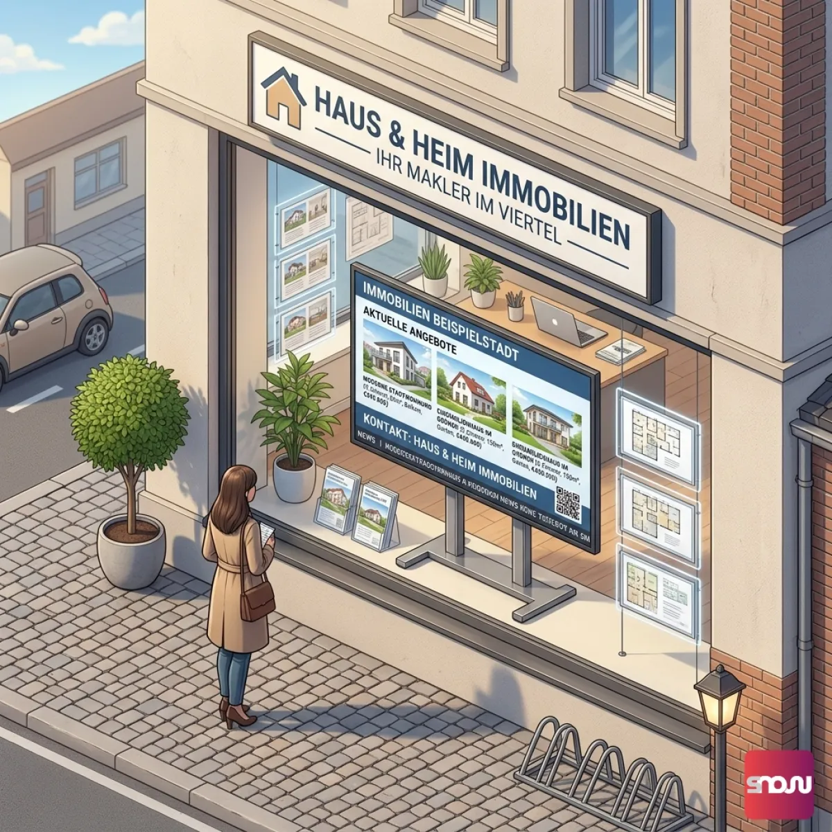 Digitales Werbedisplay im Schaufenster eines Immobilienmaklerbüros mit der Software SignageNow