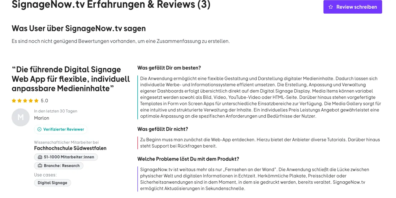 Eine fünf Sterne Bewertung von SignageNow bei OMR-Reviews