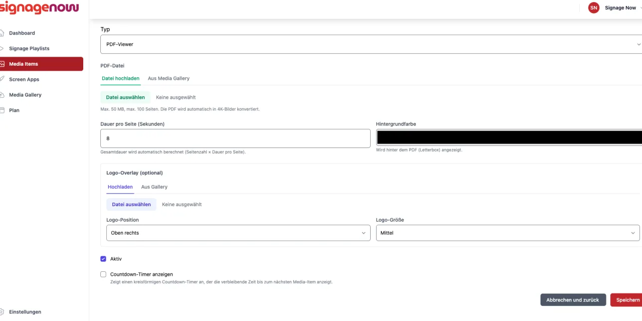 PDFs bei SignageNow integrieren - deiner Infoscreen Software