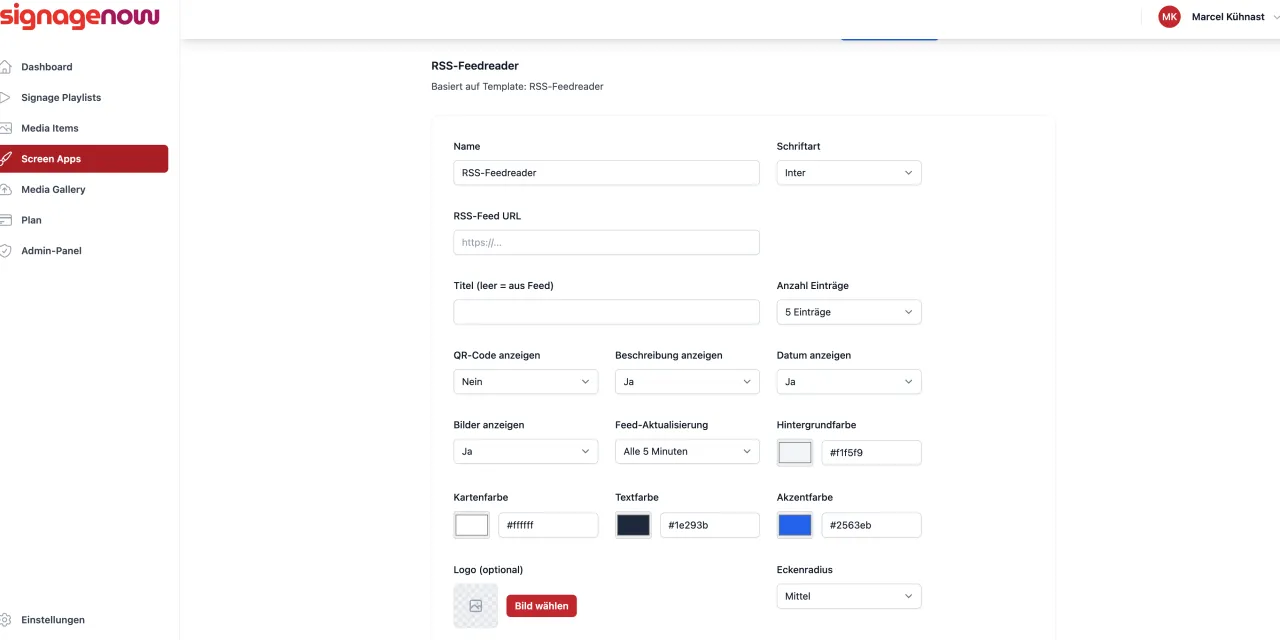Bei der Digital Signage Software SignageNow kannst du deine RSS-Feeds einbinden