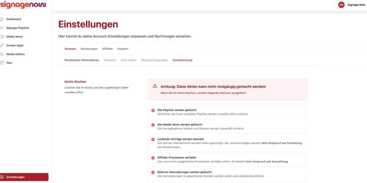 Bei der Digital Signage Software SignageNow kannst du jederzeit alle Daten löschen