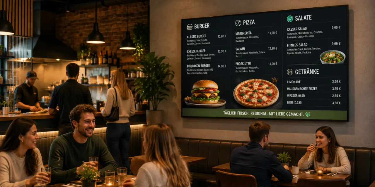 A digital menu board featuring burgers and pizza in a restaurant