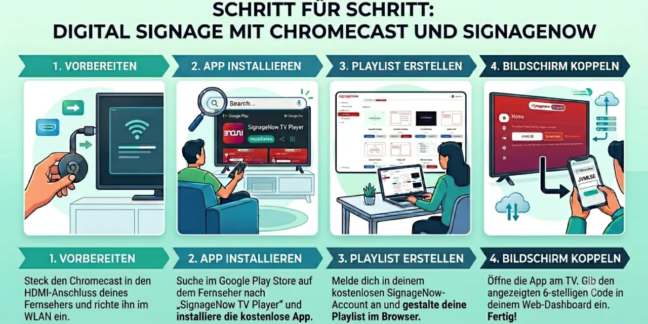 Infografik, die eine Schritt-für-Schritt-Anleitung, um Chromecast als Digital Signage Player zu nutzen zeigt