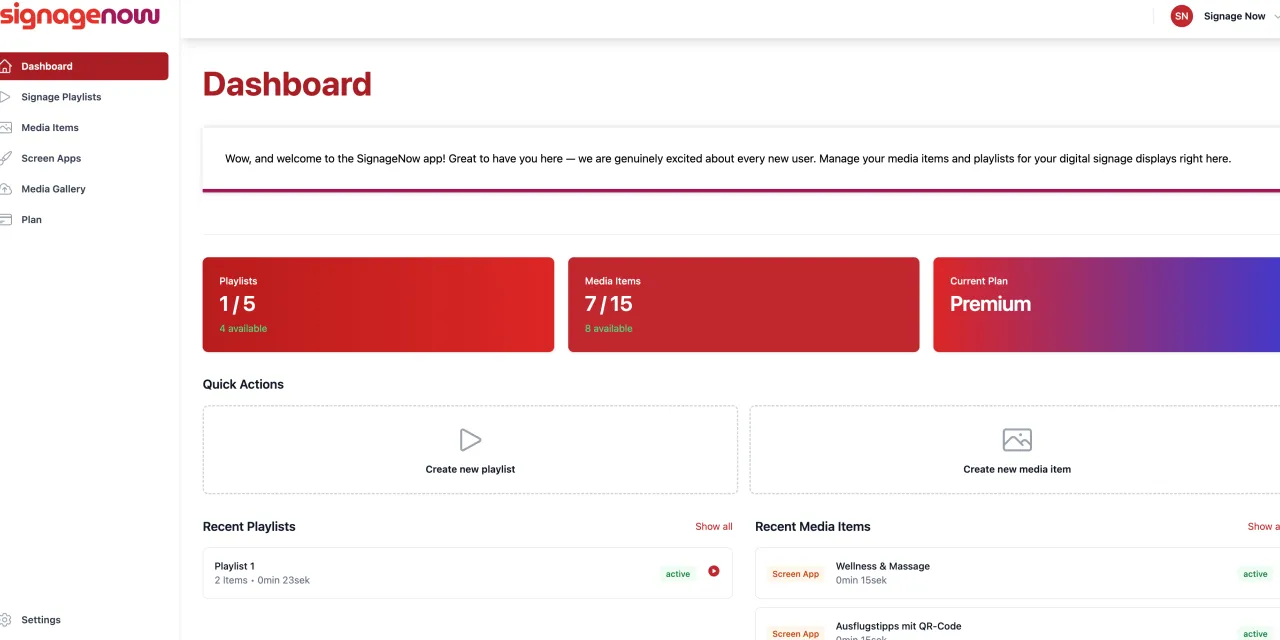 Dashboard from the Digital Signage Cloud Software SignageNow