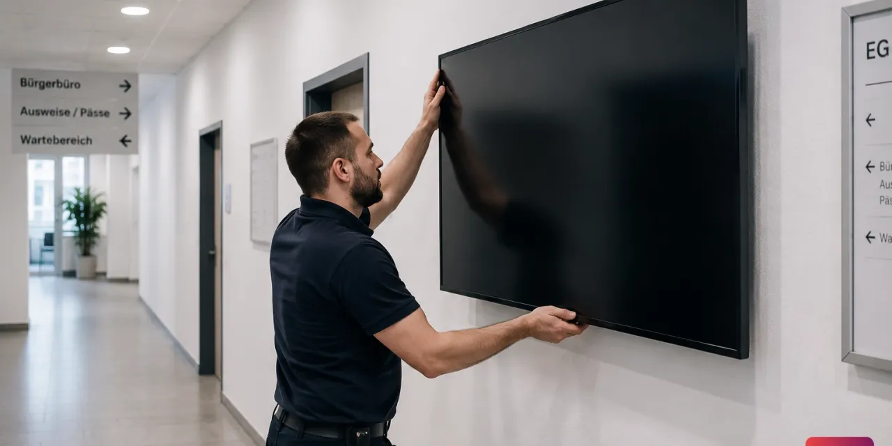 Physical installation of a digital signage display on a wall in City Hall