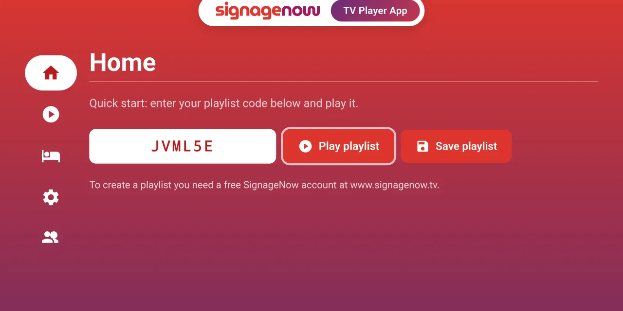 The user interface of SignageNow's free digital signage app for Android TV