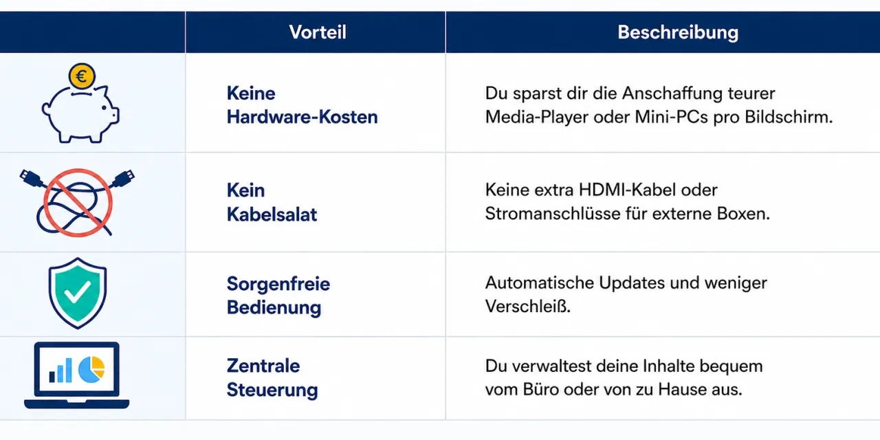 Eine Tabelle mit den Vorteilen von cloud-basiertem Digital Signage mit SignageNow