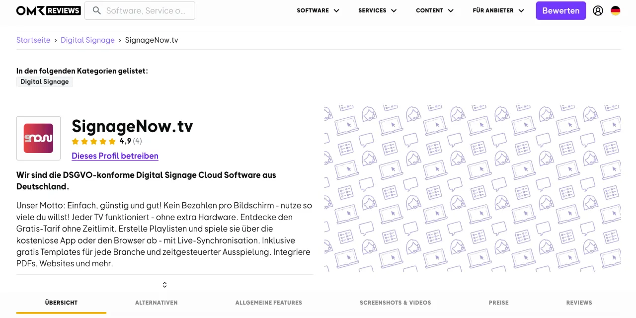 SignageNow hat 4,9 von 5 Sterne Bewertung bei Online Marketing Rockstars Reviews