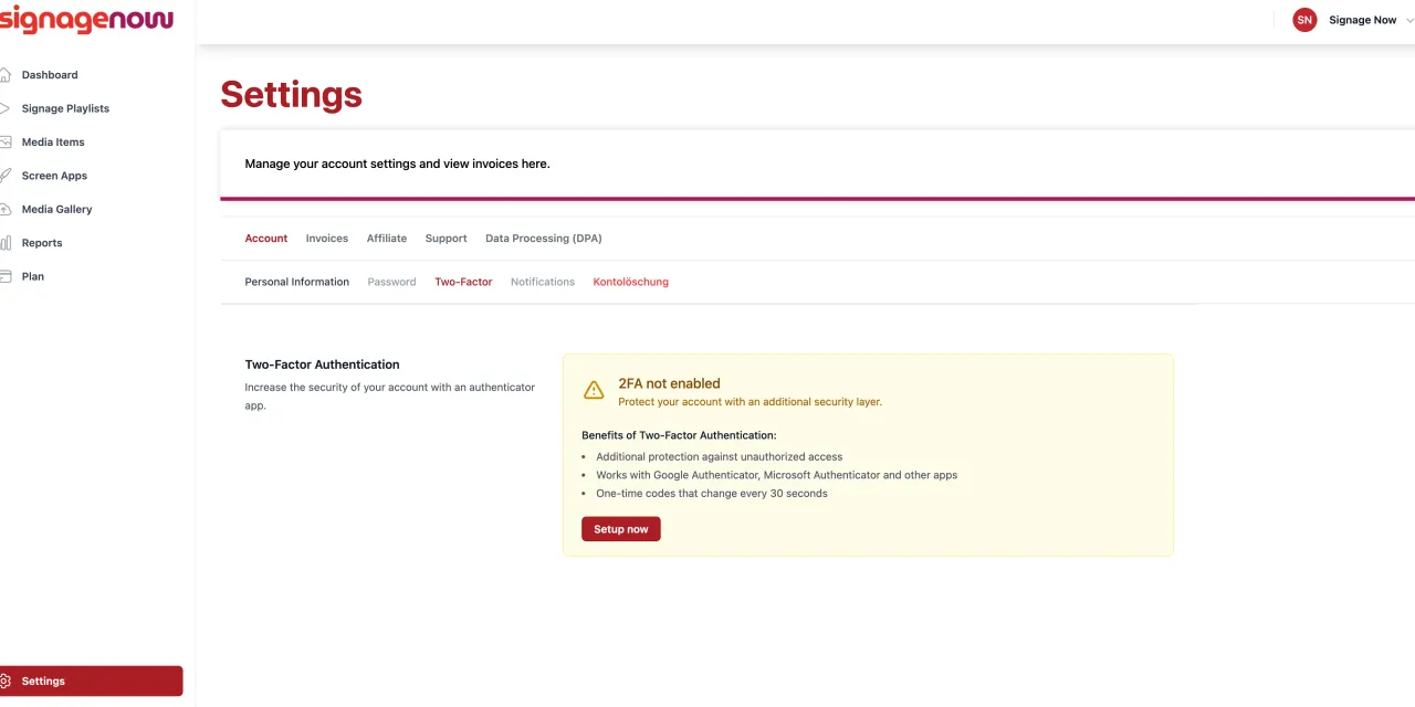 Enable two-factor authentication for the SignageNow digital signage cloud software