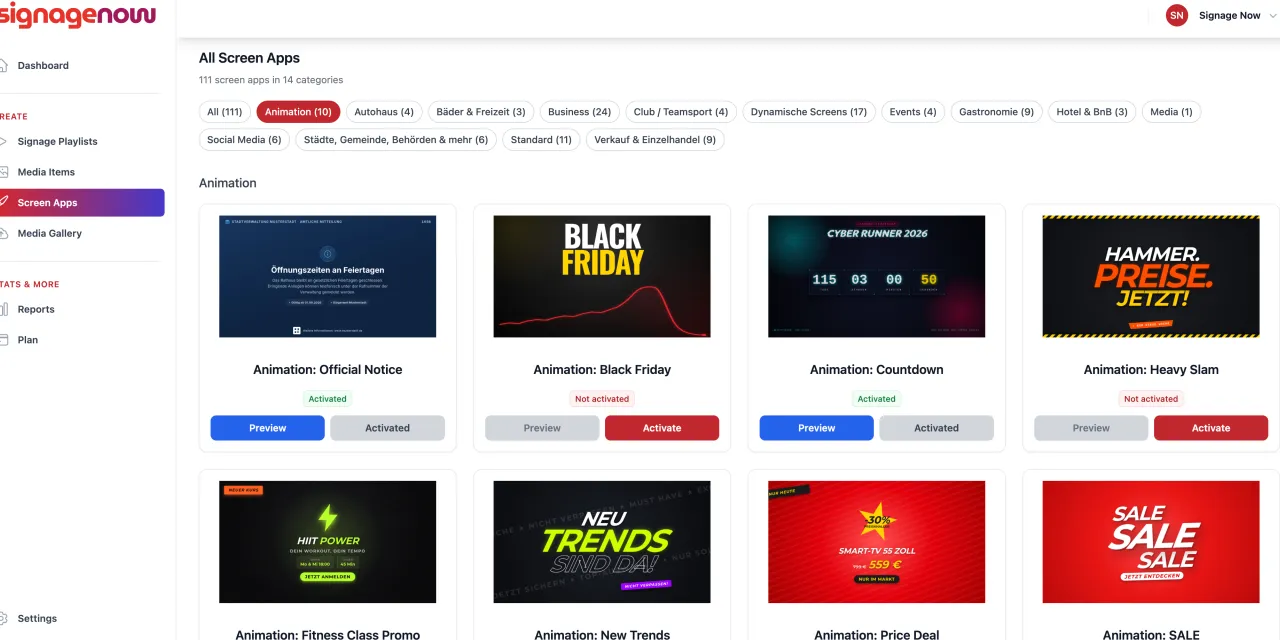 SignageNow offers over 100 free templates for digital signage in German and English