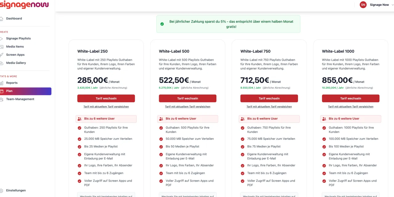 Bei SignageNow erhält jeder 5% Rabatt auf Reseller und White Label Tarife bei jährlicher Zahlweise