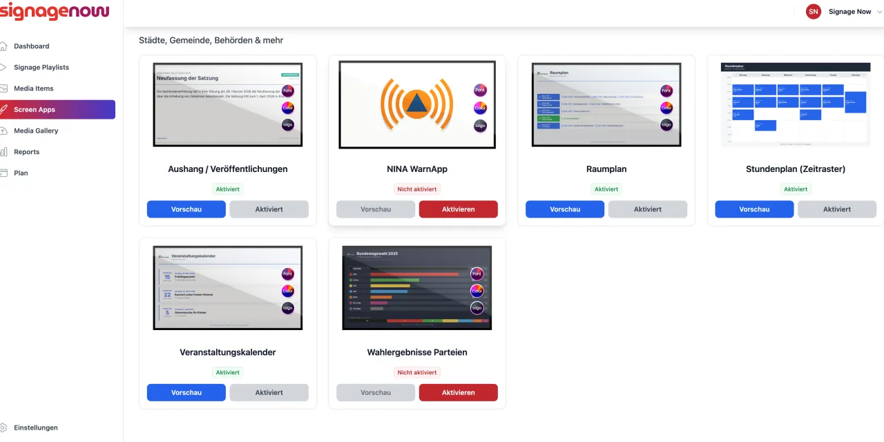 spezielle Digital Signage Vorlagen (Screen Apps) für Städte, Behörden und Gemeinden