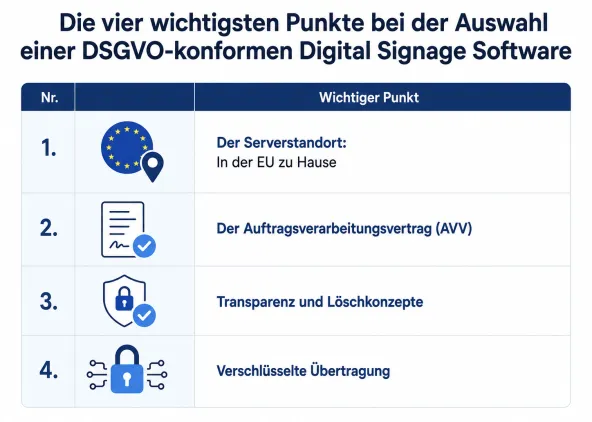 Eine Tabelle mit den vier wichtigsten Kriterien bei der Auswahl einer DSGVO-konformen Digital Signage Software