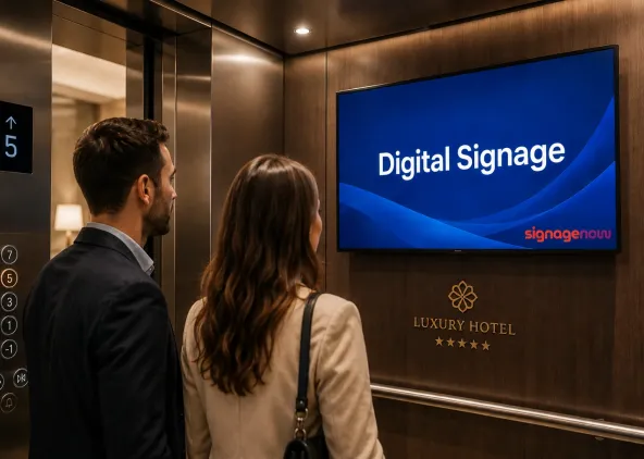 A screen in a hotel elevator running the SignageNow digital signage cloud software