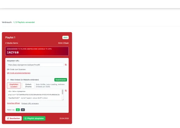 Digital Signage kostenlos auf der eigenen Website einbinden mit Cloud Software SignageNow
