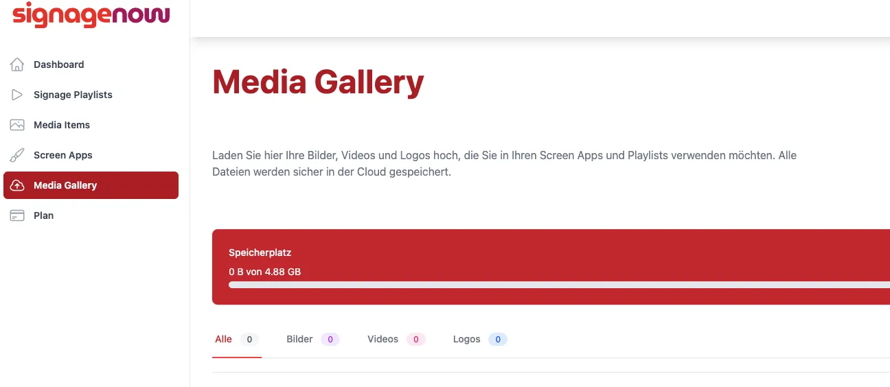 Bilder, Videos und Logos bei SignageNow hochladen