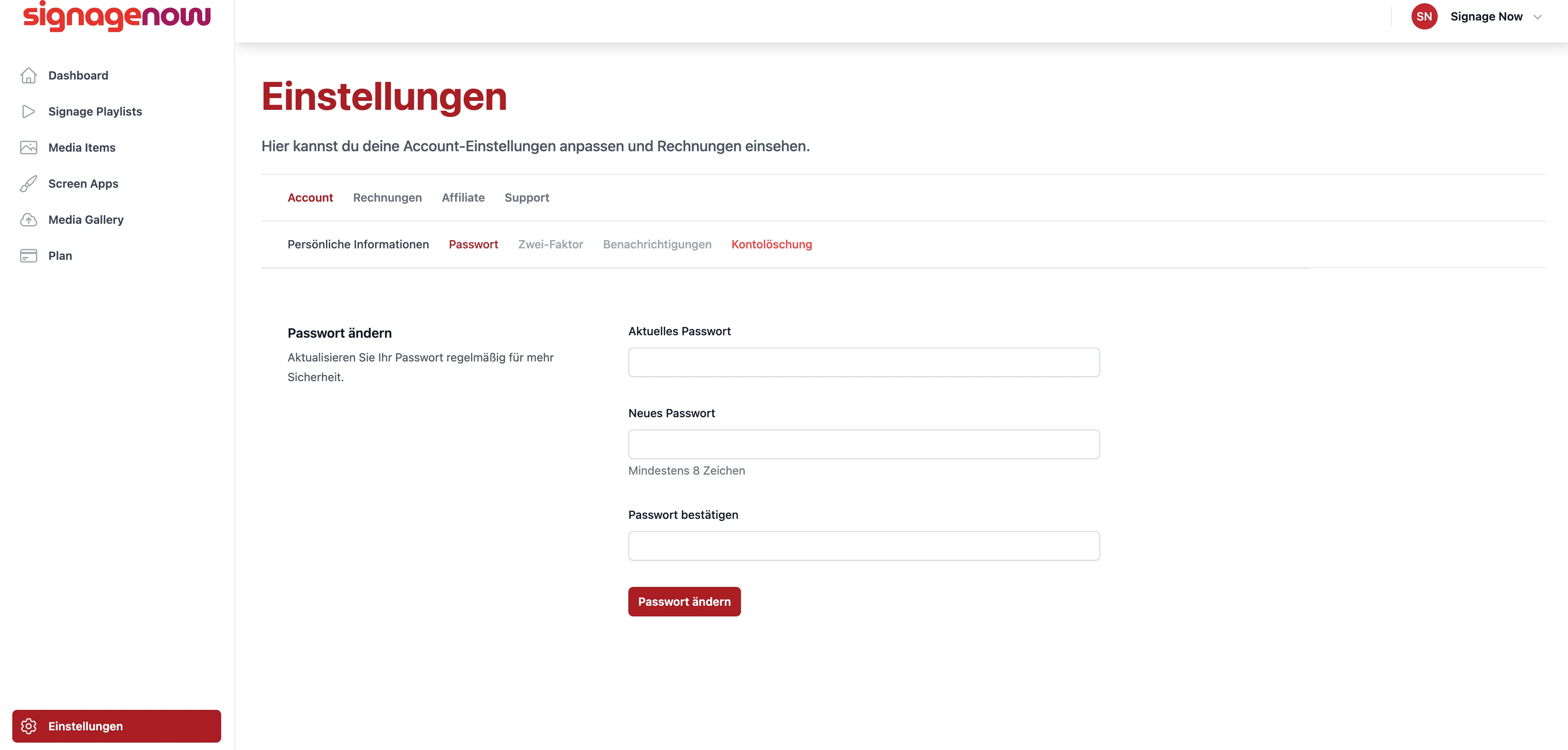 Wie ändere ich mein Passwort bei SignageNow