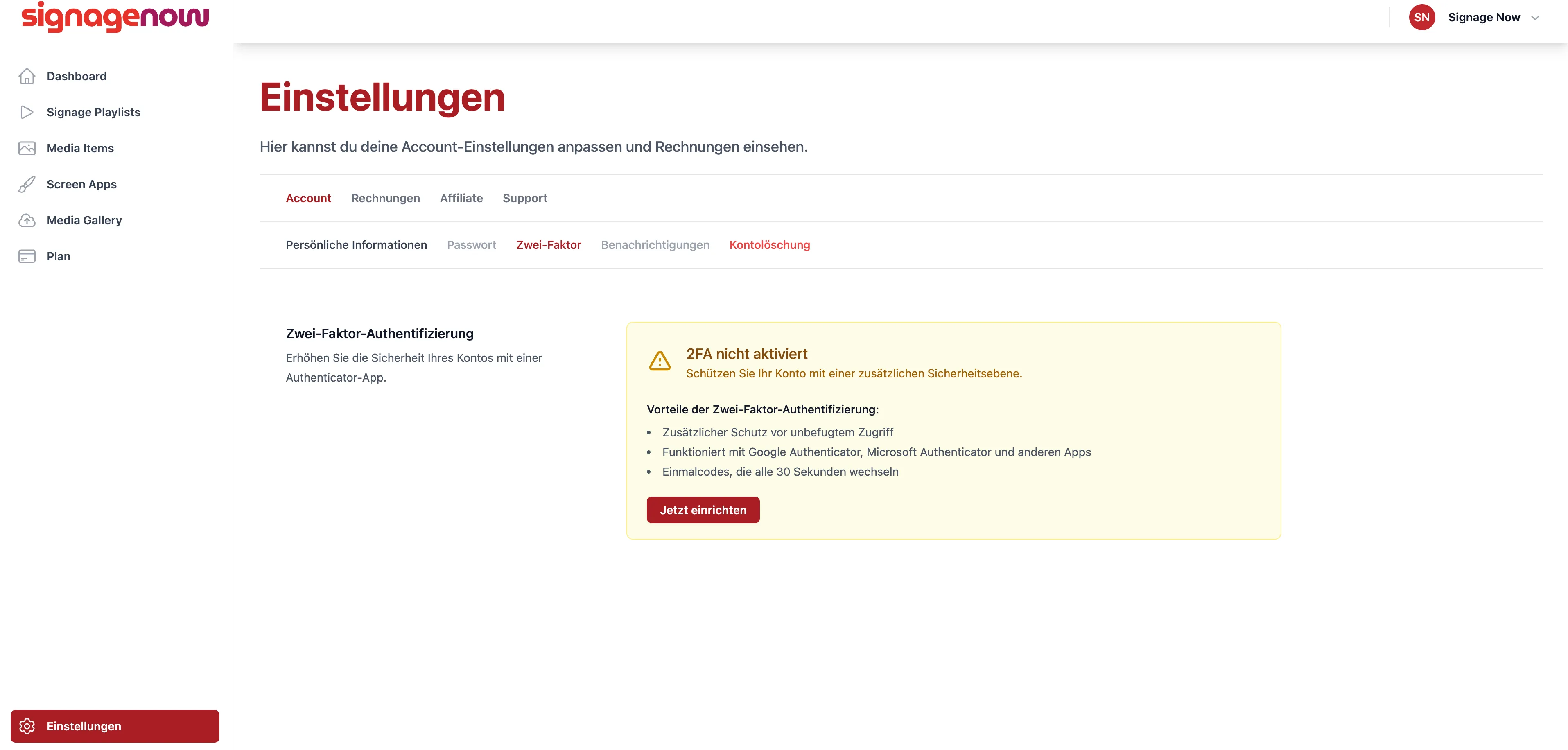 Zwei-Faktor Authentifizierung hinzufügen bei SignageNow