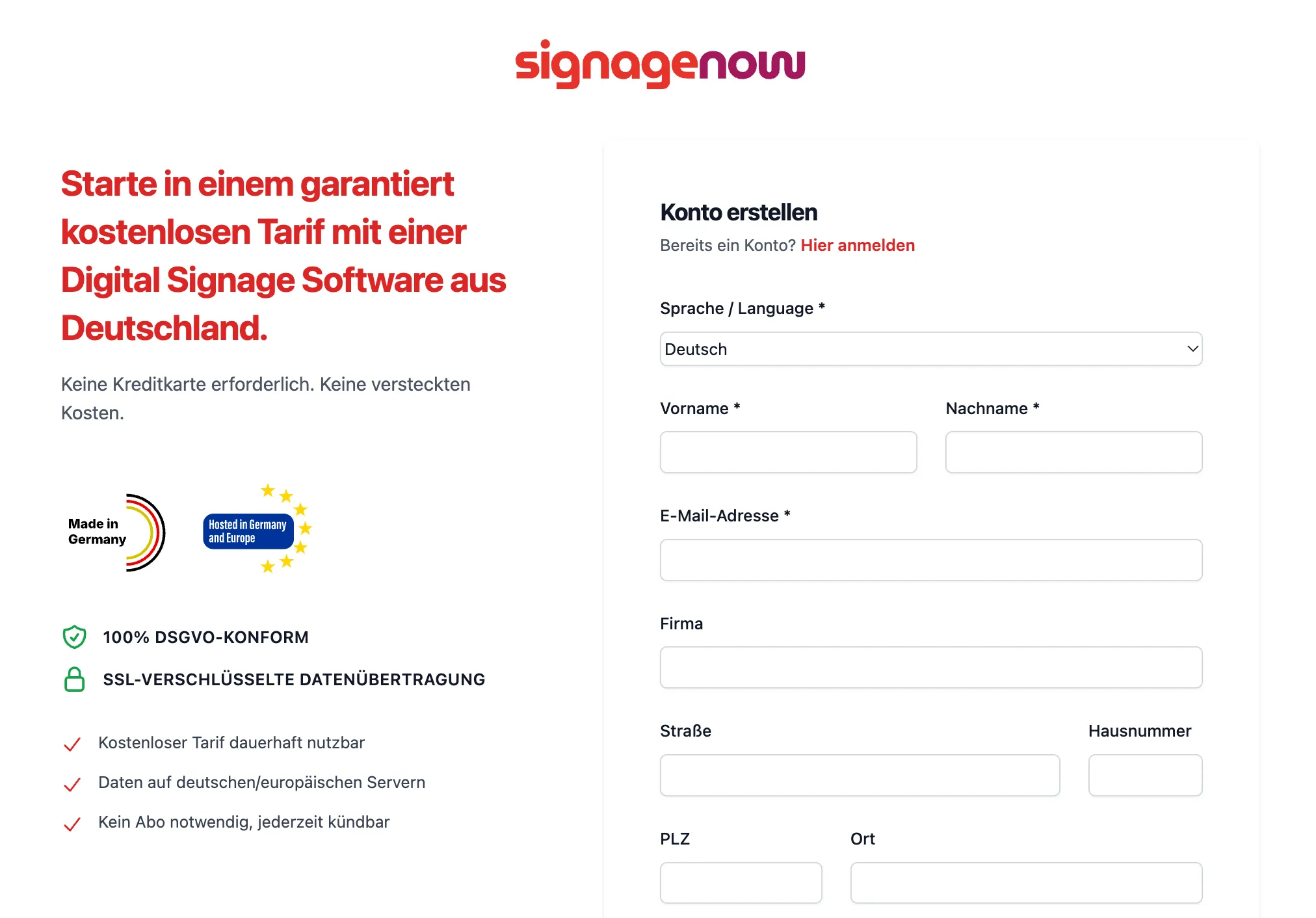 Registrierung bei der Infoscreen Software SignageNow