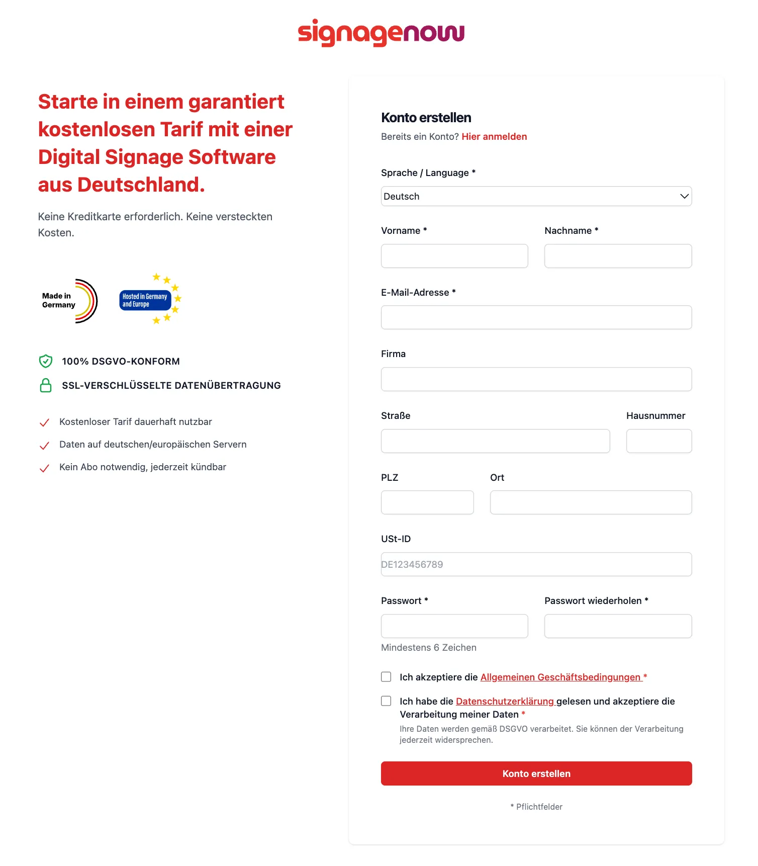 Kostenlos registrieren bei der Infoscreen Software SignageNow