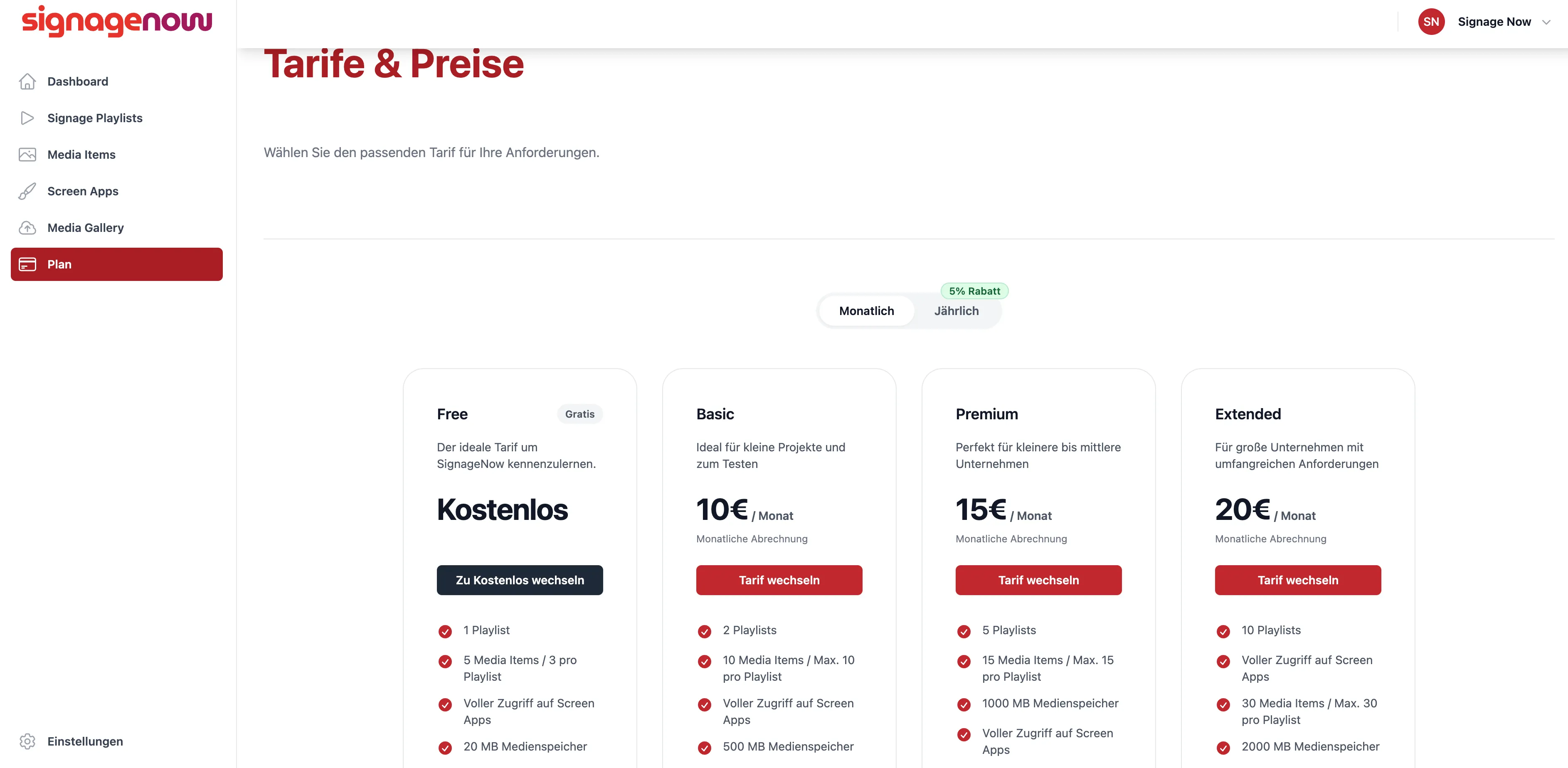 Tarifübersicht der Cloud Software SignageNow
