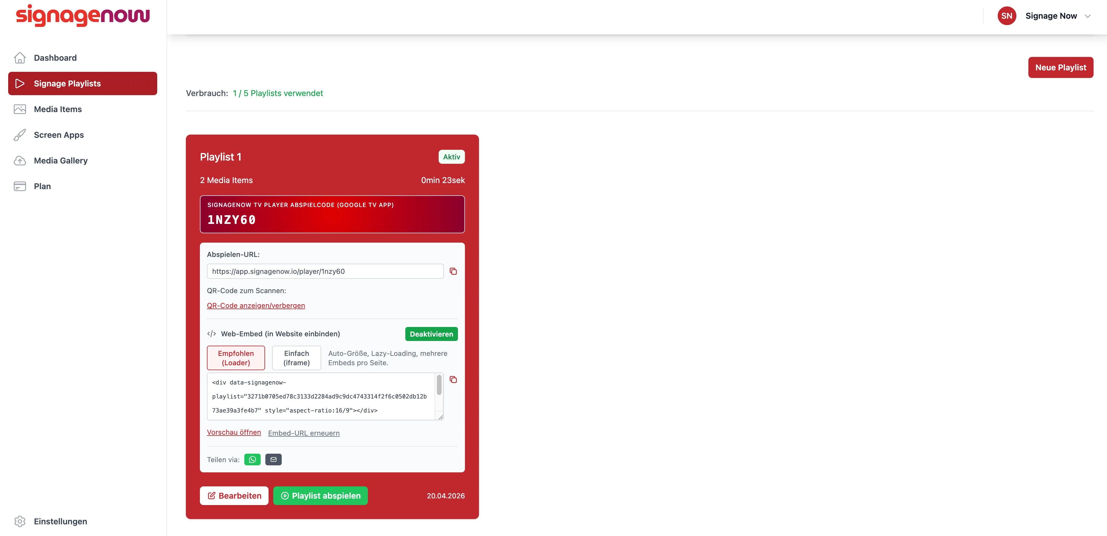 SignageNow Embed Code aktivieren