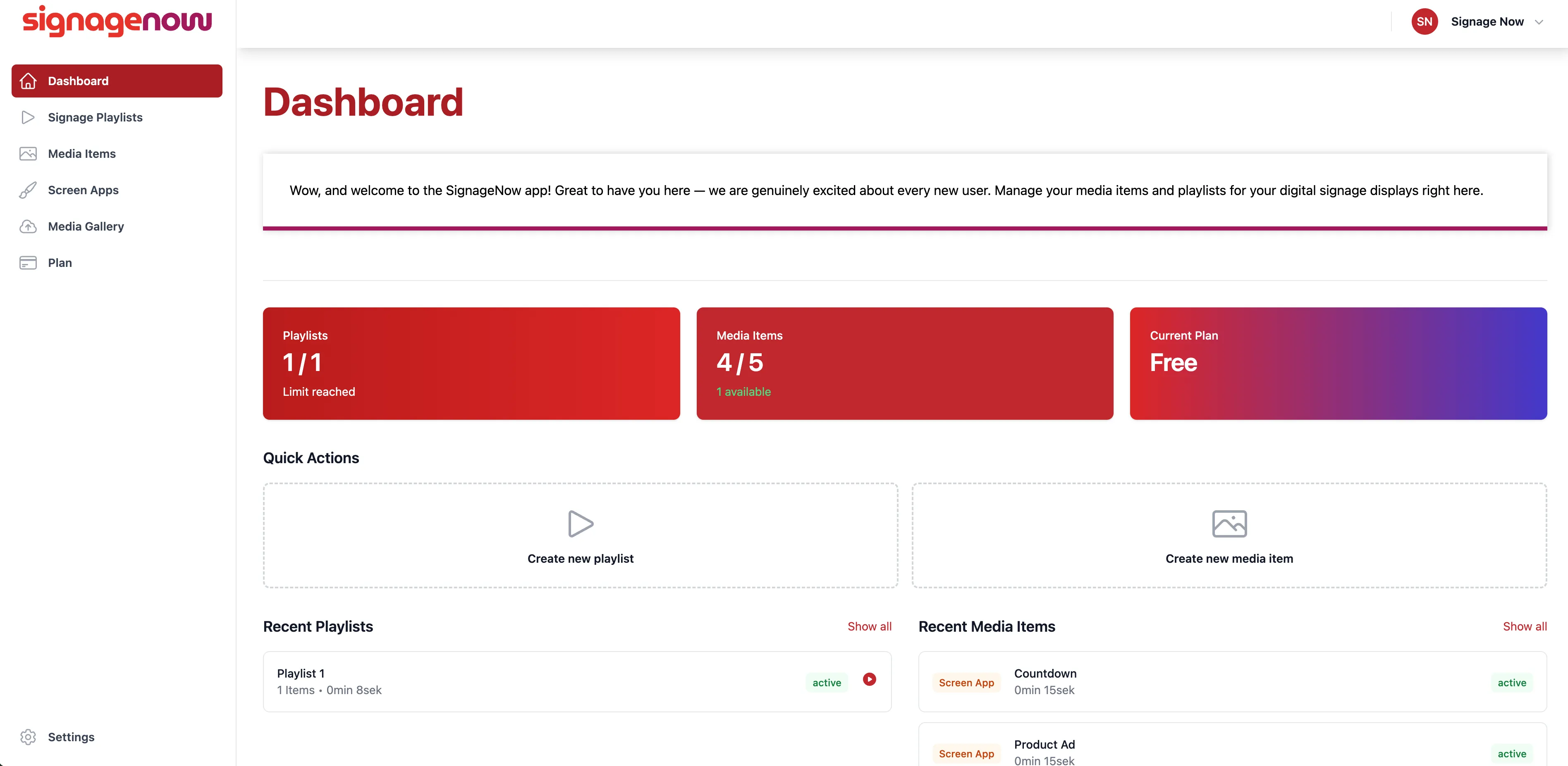 The dashboard of Digital Signage Cloud Software SignageNow