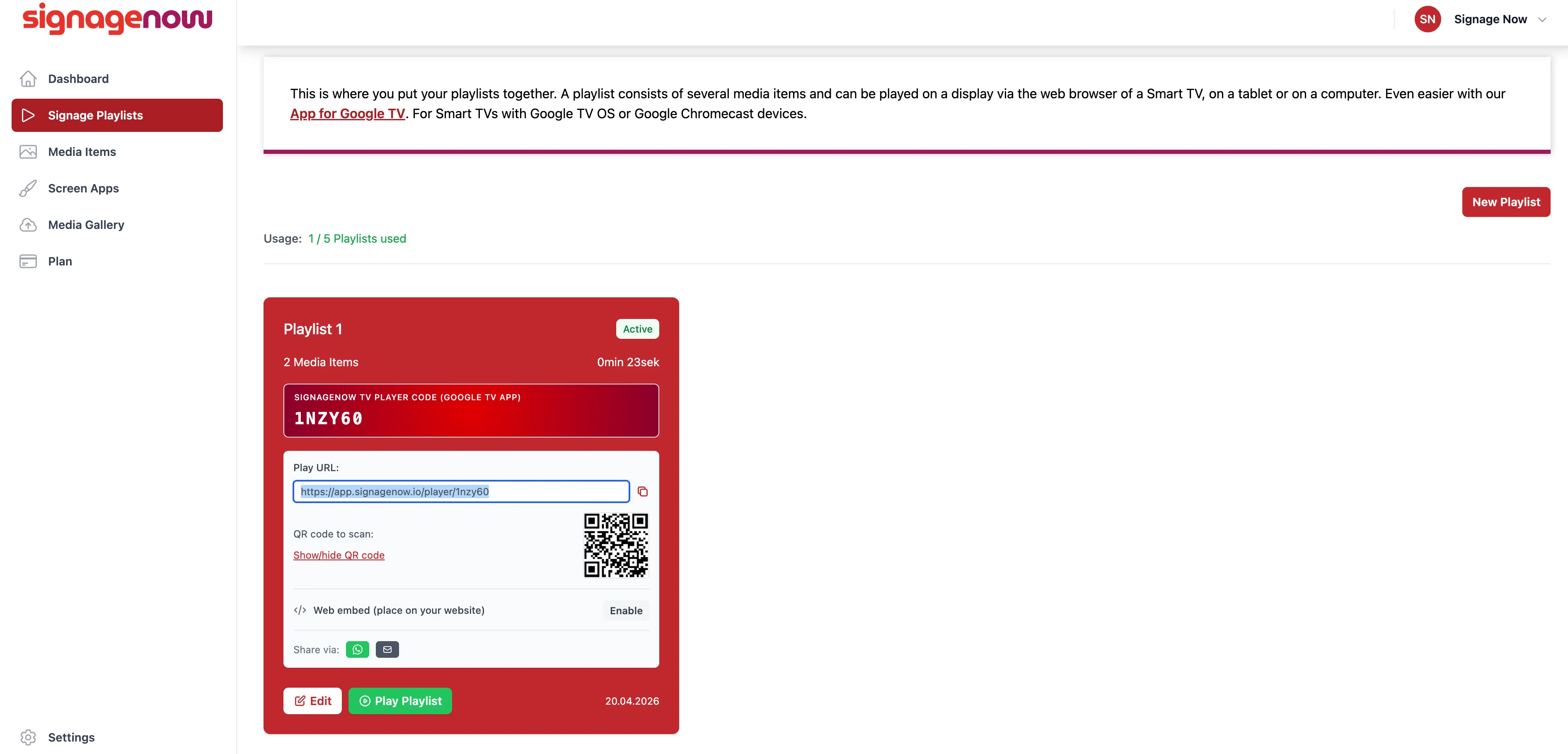The UI of the SignageNow digital signage cloud software