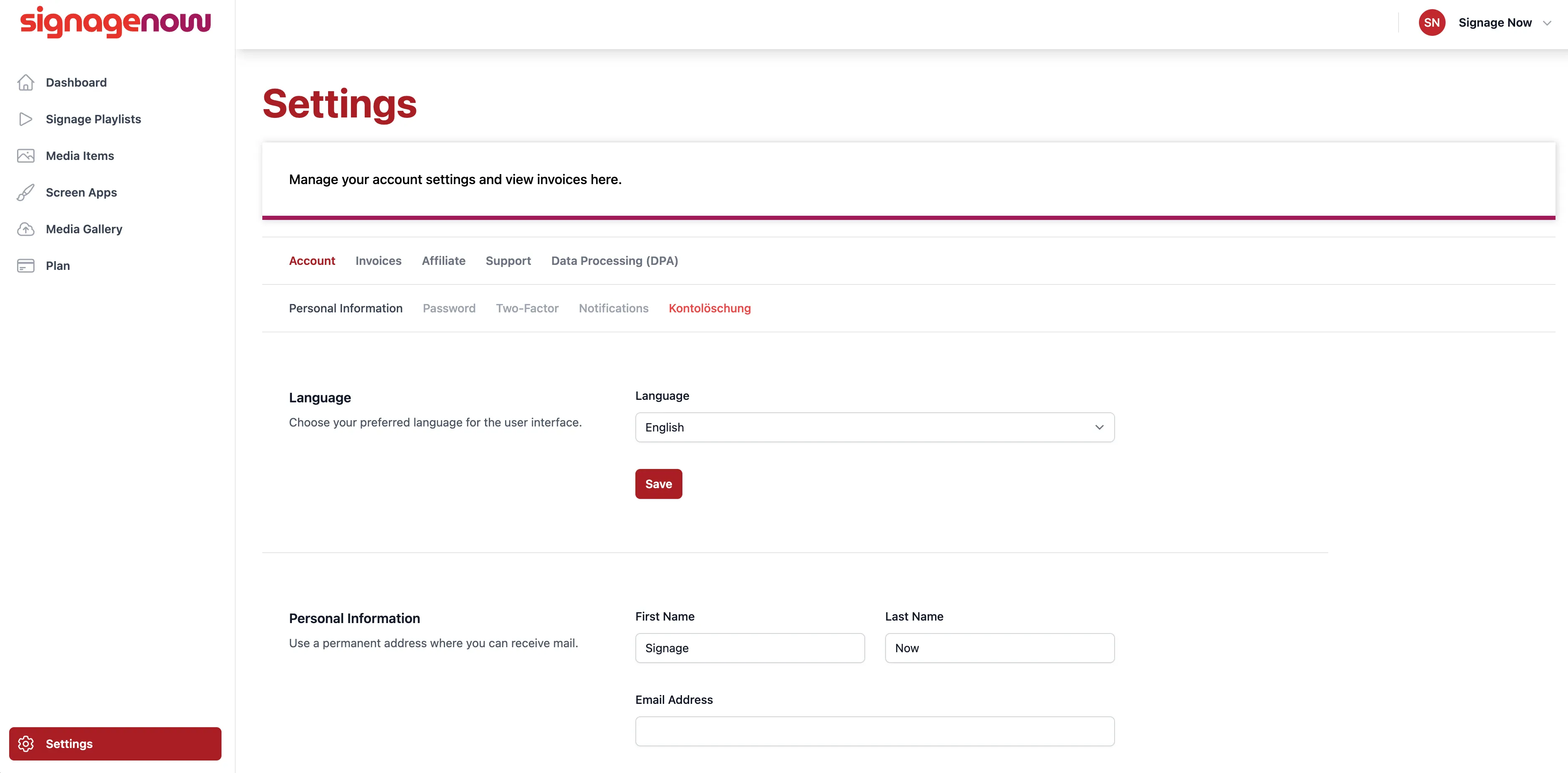 It's easy to update your personal information and account on SignageNow