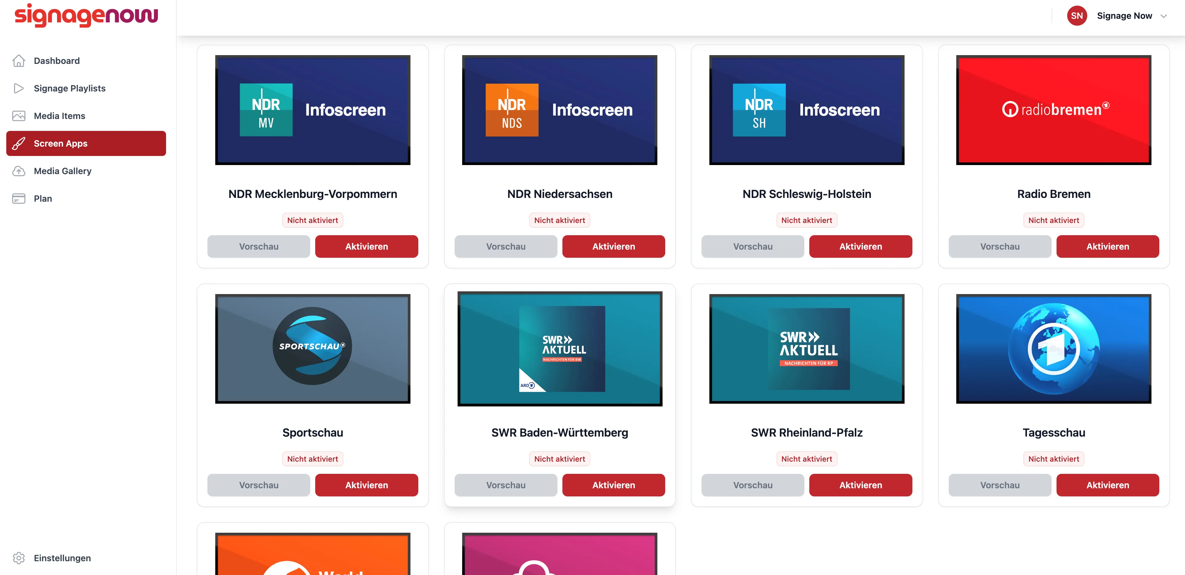 Sportschau und Tagesschau bei Digital Signage Software SignageNow integrieren