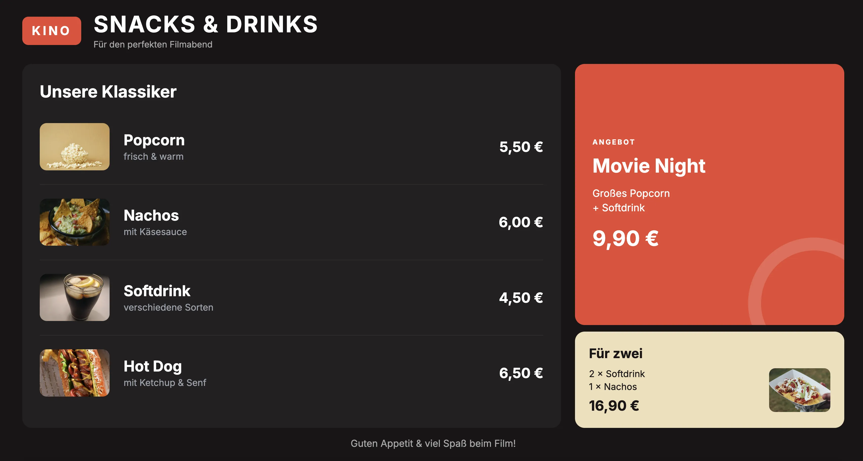 Kostenlose Bildschirm Vorlage für Menükarte im Kino von SignageNow
