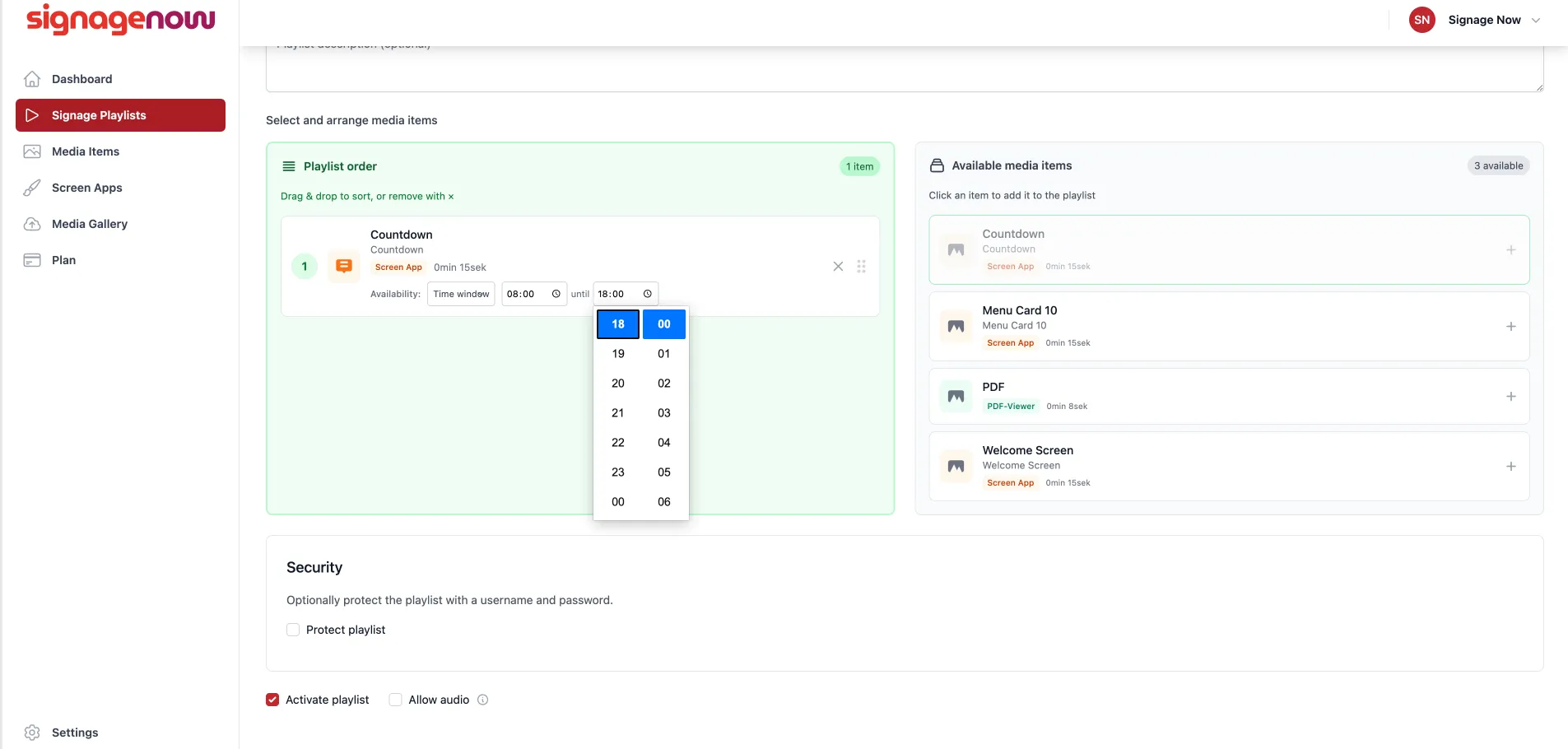 Create time schedules and organize your content via drag and drop in SignageNow