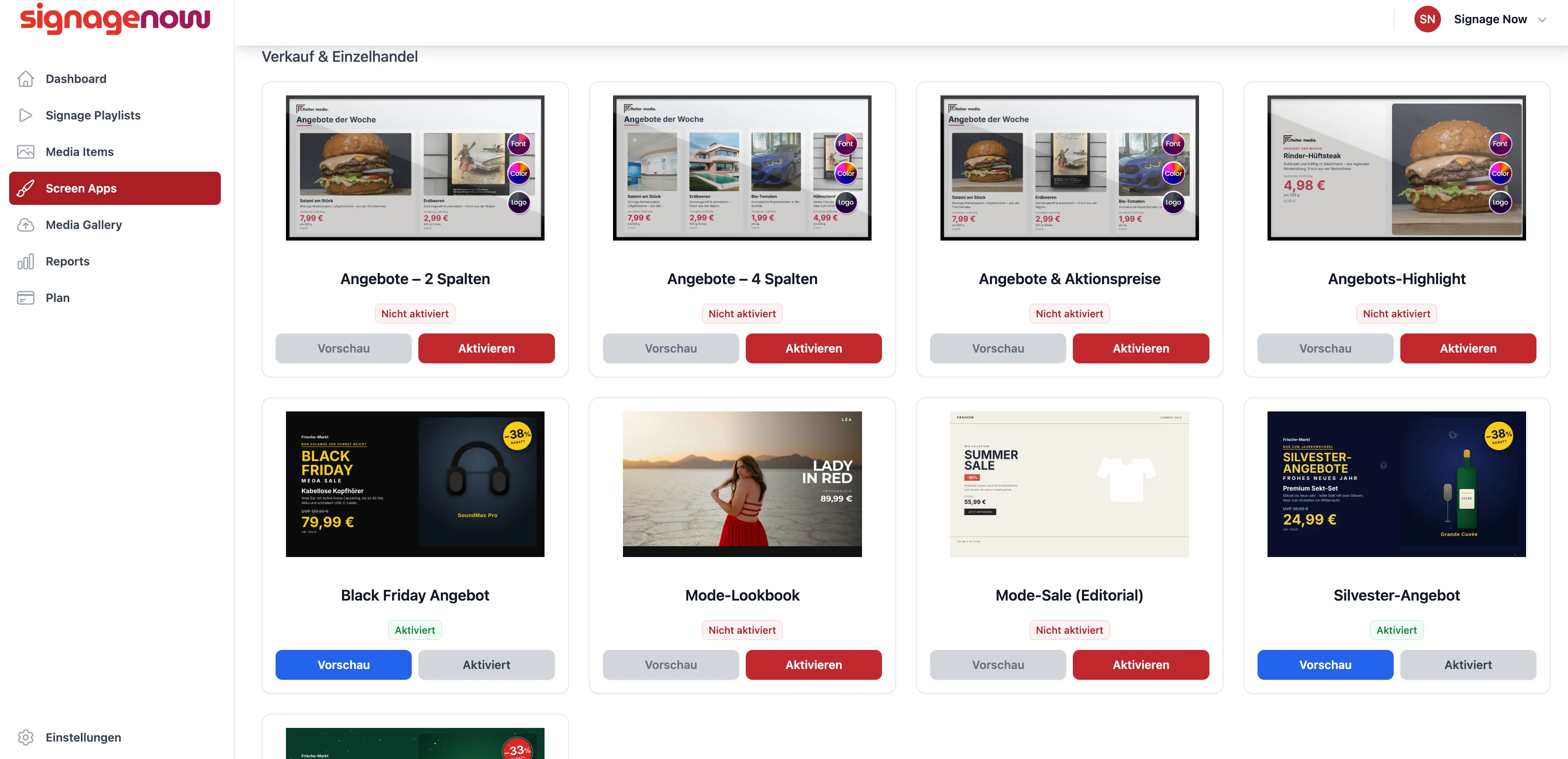 Vorlagen für digitale Schaufensterwerbung von Cloud Software SignageNow