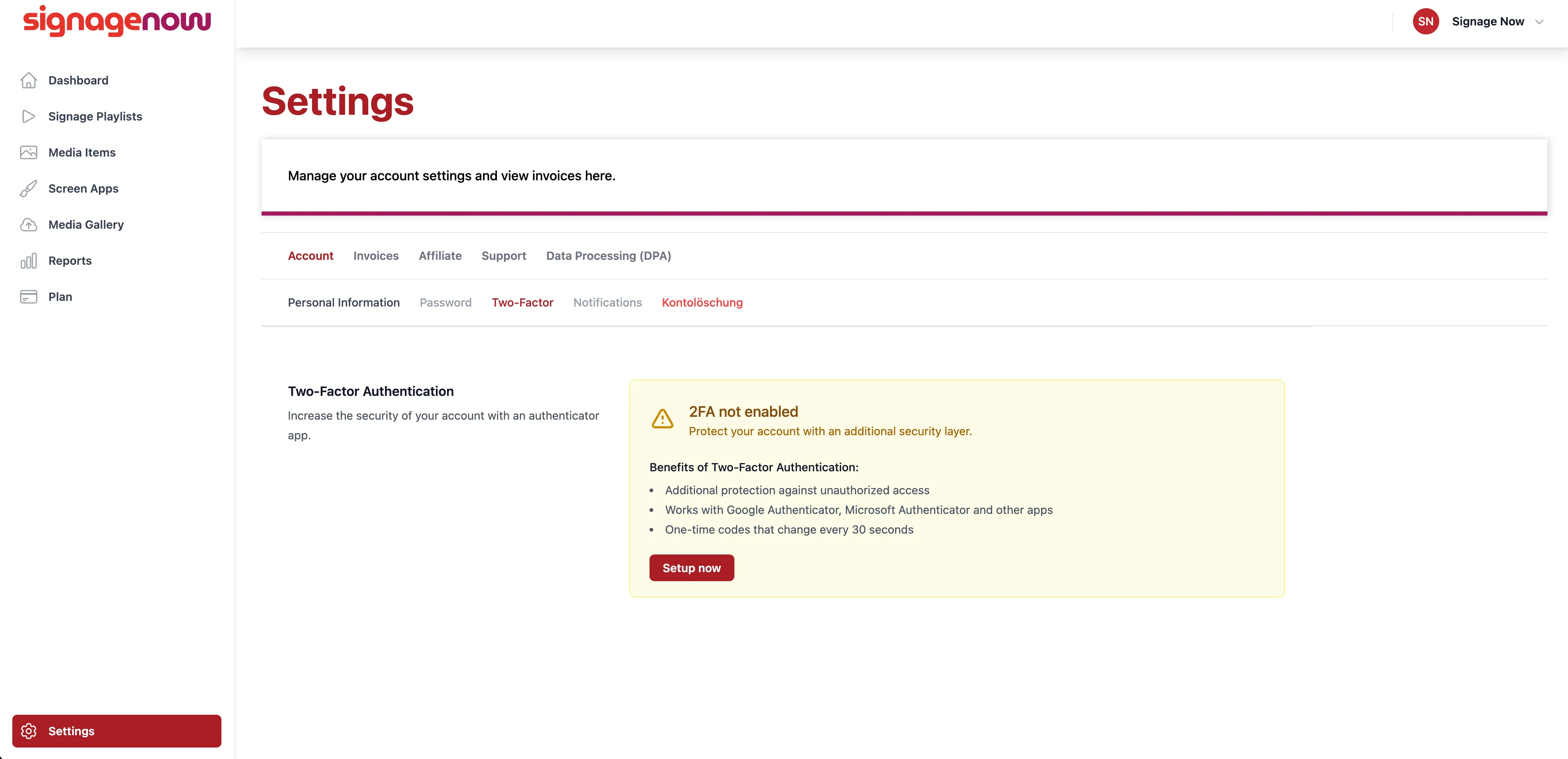 Add Two-Factor Authentication in SignageNow