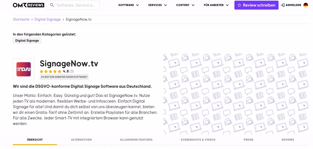 Du kannst SignageNow bei OMR-Reviews bewerten