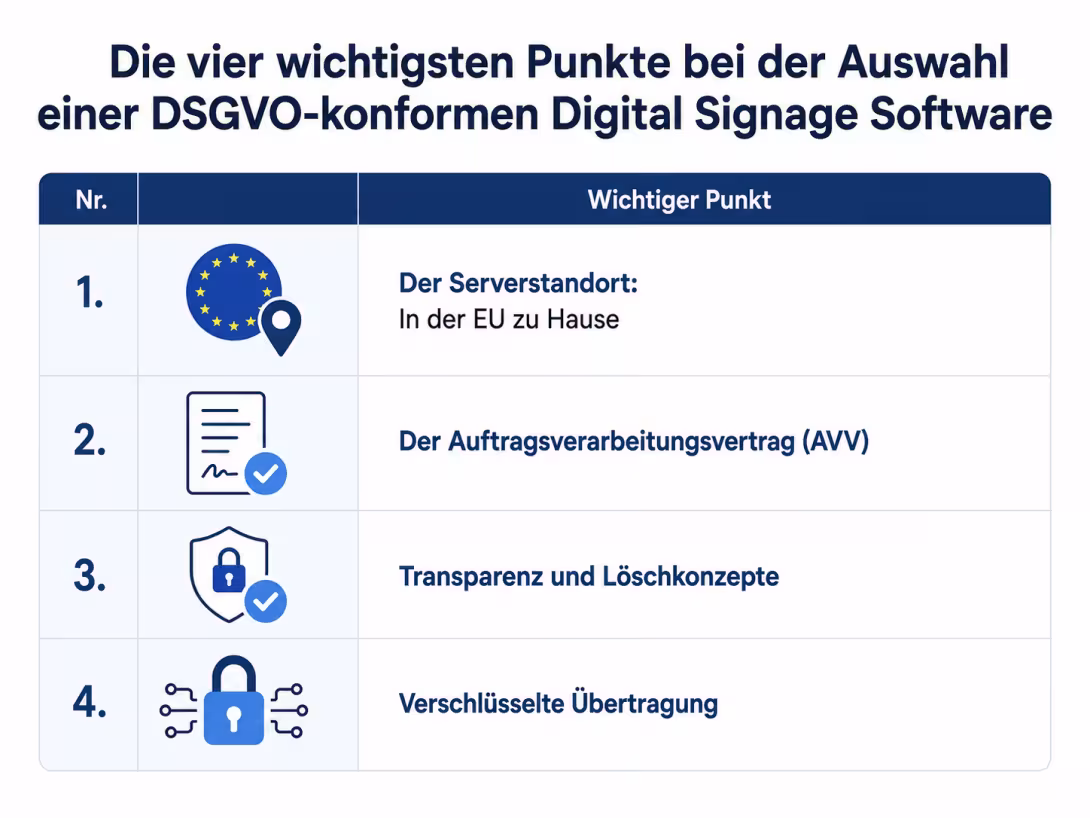 Eine Tabelle mit den vier wichtigsten Kriterien bei der Auswahl einer DSGVO-konformen Digital Signage Software