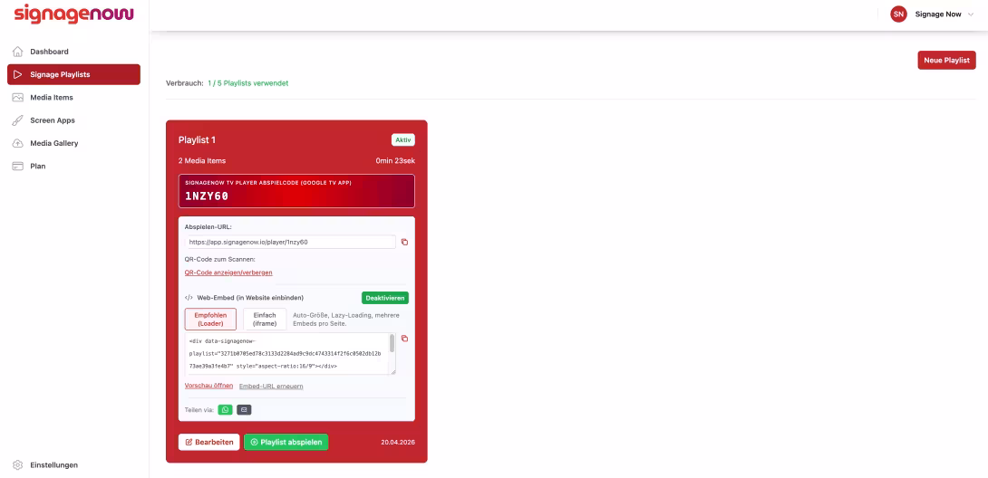 Digital Signage kostenlos auf der eigenen Website einbinden mit Cloud Software SignageNow